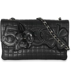 🔥$2250 Chanel Chocolate Bar No. 5 Camellia Flap Bag Lambskin Black